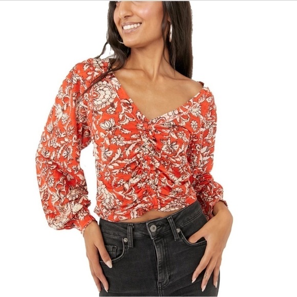 Free People Tops - Free People Say The Word Floral V-Neck Ruched Top Ruby Red Size Large NWT